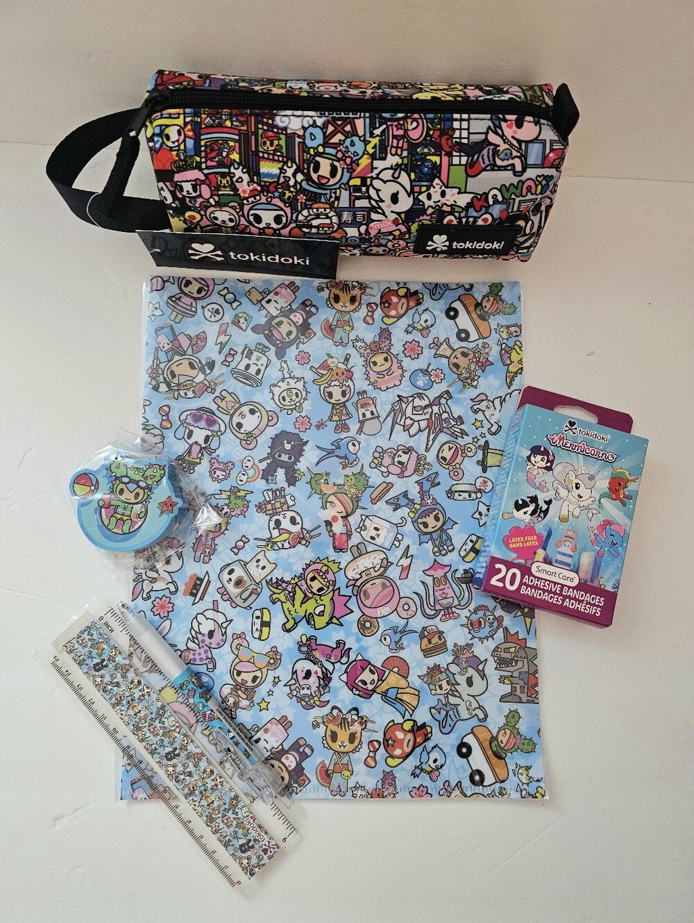 Tokidoki School File Folder, Eraser, Pen, Ruler Zip Pouch Stationery Set Blue